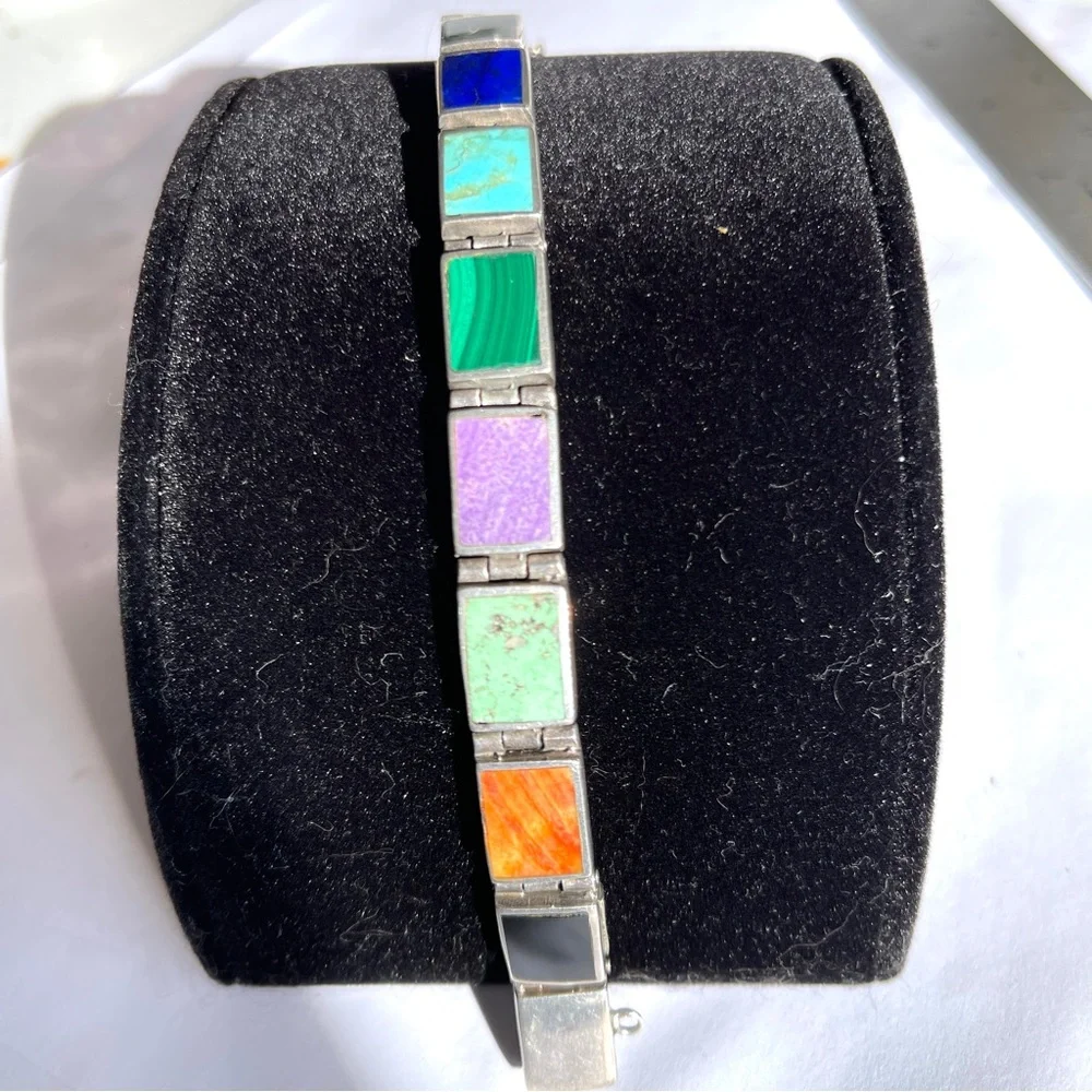 Vintage Taxco Sterling Silver Multiple Gemstone Rect. Panel Bracelet Reversible - Picture 1 of 17